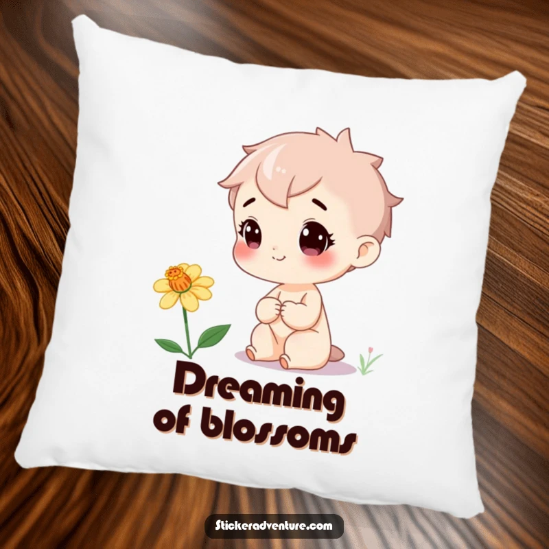Funny Pillow: A happy character sits near a rare wildflower they just found, radiating pure, cheerful delight and curiosity.