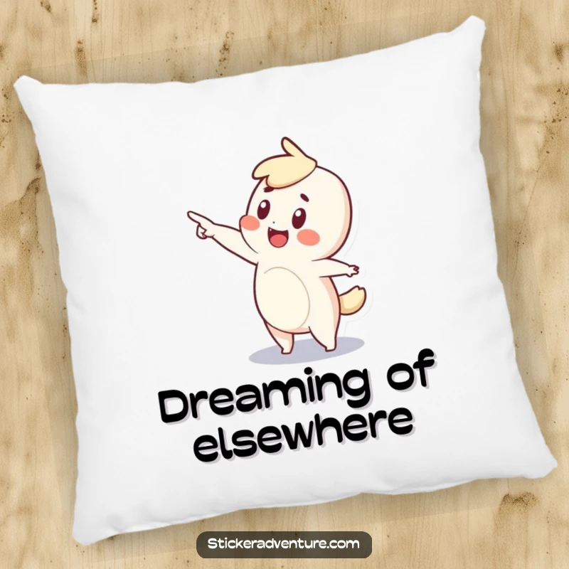 Funny pillow featuring a tiny character excitedly pointing forward with a look of pure wonder and excitement.