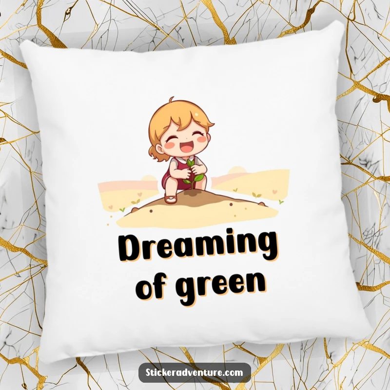 Funny Pillow: Cute character happily planting a tiny seedling in a vast landscape, offering comfort and a touch of whimsy.