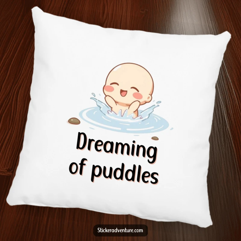 Funny pillow featuring a small character gleefully splashing in shallow water with closed eyes, symbolizing ultimate relaxation and happiness.