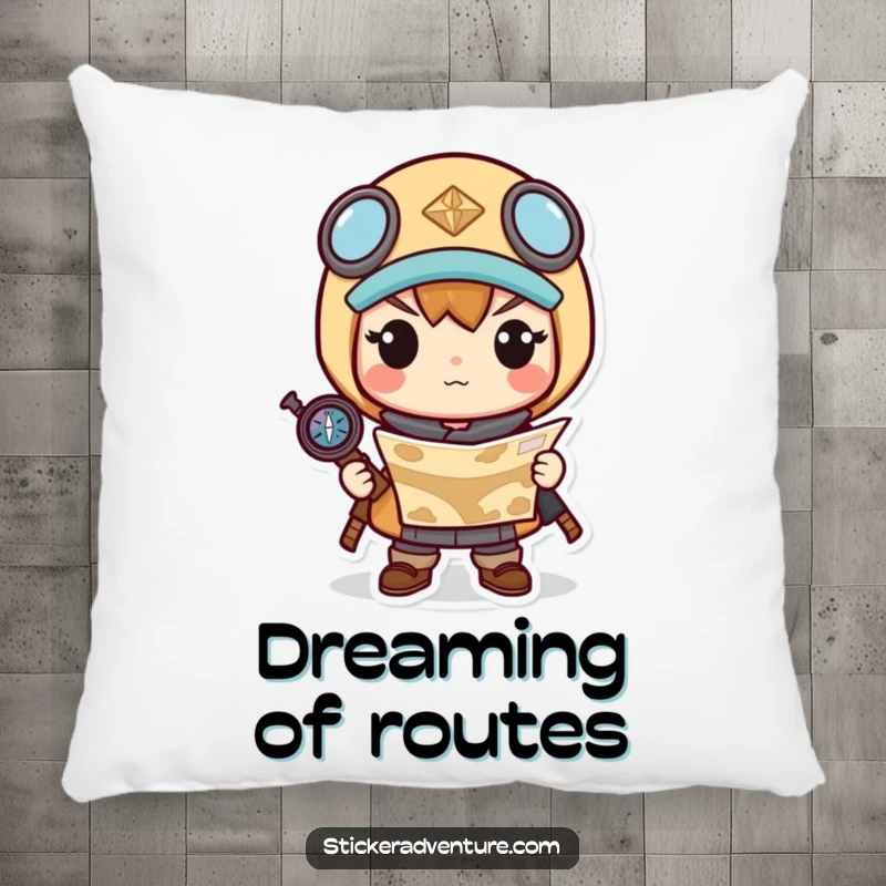 Funny decorative pillow showing a determined Kawaii character holding a map and compass, ready for any journey.