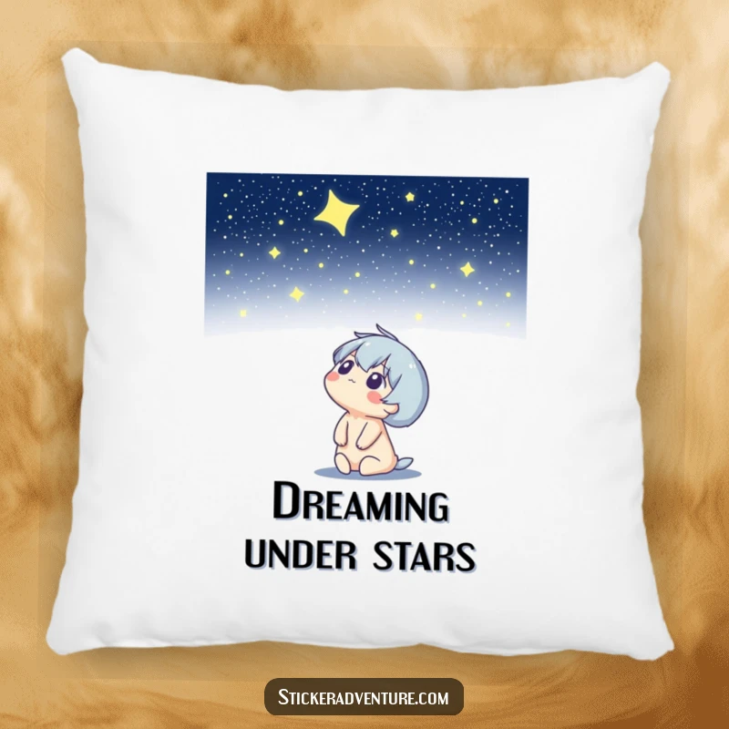 Funny pillow showcasing a character looking up at a starry night sky, offering comfort with a humorous and celestial design.