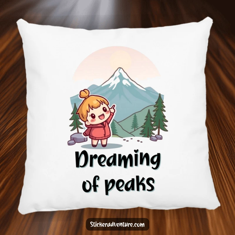 Funny adventure pillow with a cute character enthusiastically pointing towards a mountain peak; soft and humorous decor.