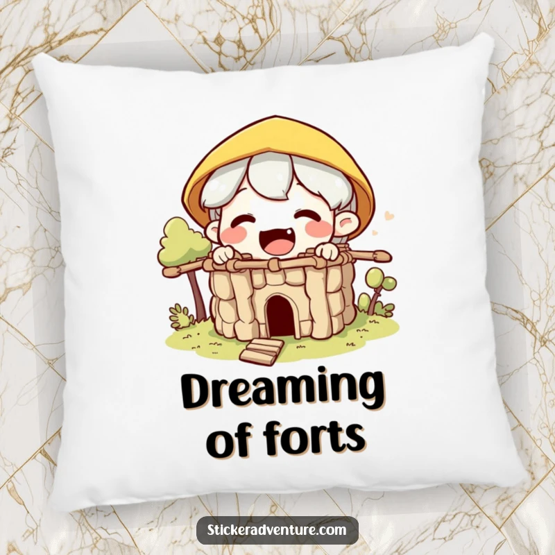 Funny builder character pillow, showing an excited character building a small fort from sticks, soft and inspiring.