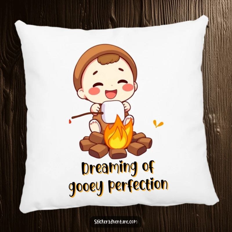 Funny campfire marshmallow pillow, a character roasting a marshmallow by a fire, soft and humorous.