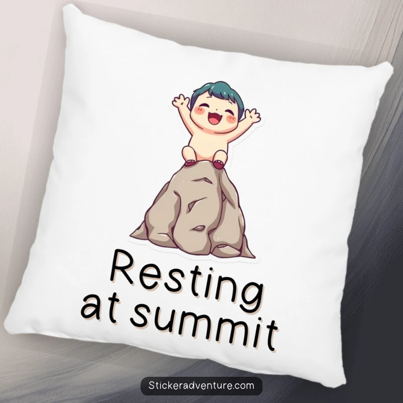 Funny decorative pillow showing a cute character joyfully scaling a small rocky outcrop, beaming upwards with satisfaction.