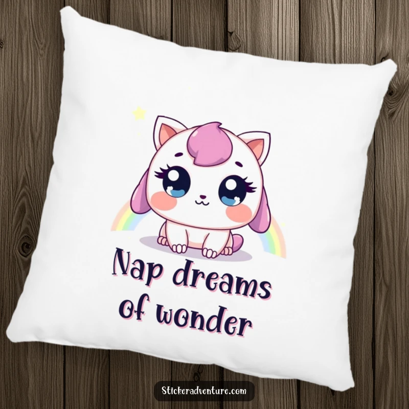 Funny pillow with a sweet creature admiring a rainbow, offering cozy comfort and a touch of funny, whimsical decor.