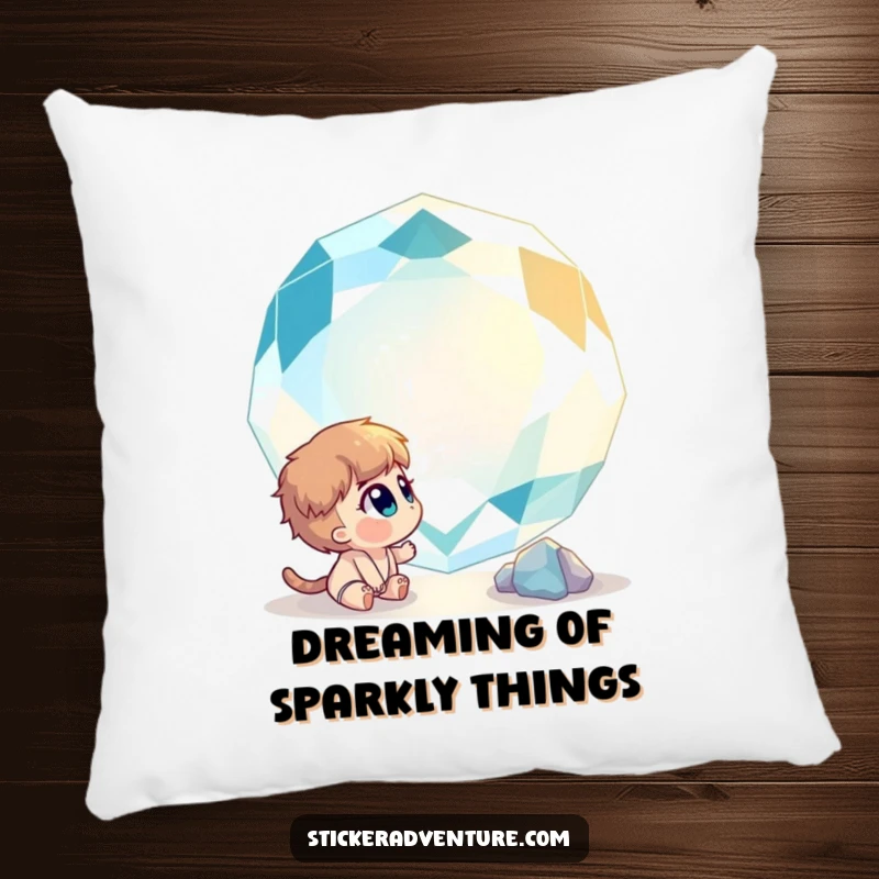 Funny pillow depicting a curious character gazing in wonder at a giant, sparkling gemstone, providing comfort and a touch of magic.