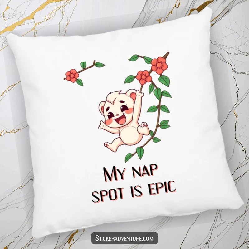 Funny pillow depicting a joyful character with a determined expression swinging from a vine, offering comfort and a splash of humor.