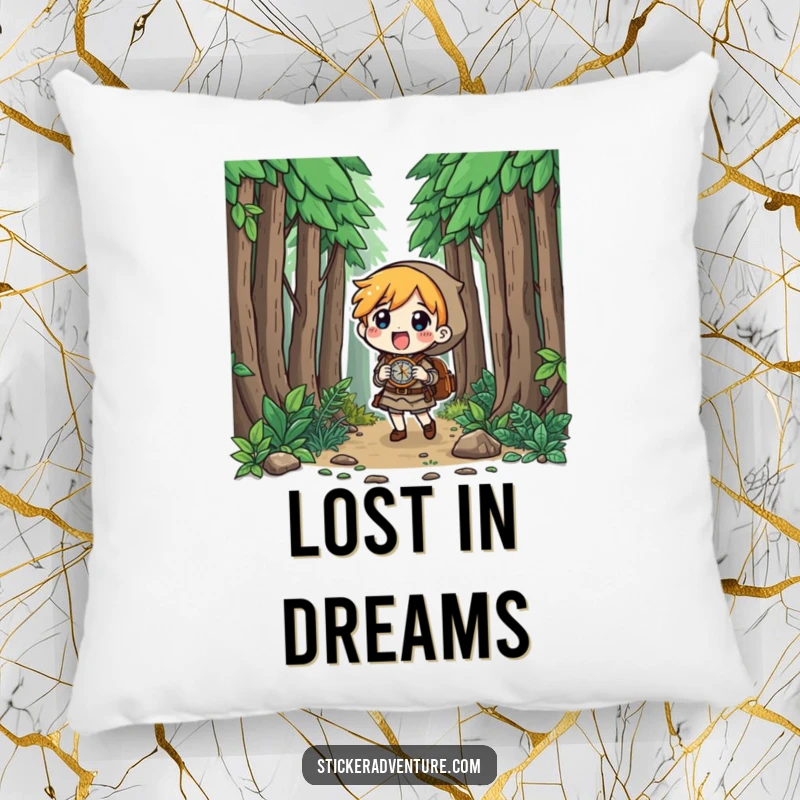 Funny character in a forest with a compass, curious look, soft and cuddly, perfect funny gift.