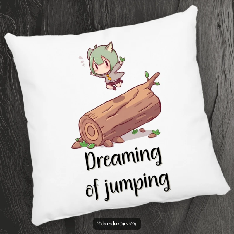 Funny pillow featuring a character energetically leaping over a fallen log with grace. Comfortable and motivating humor.