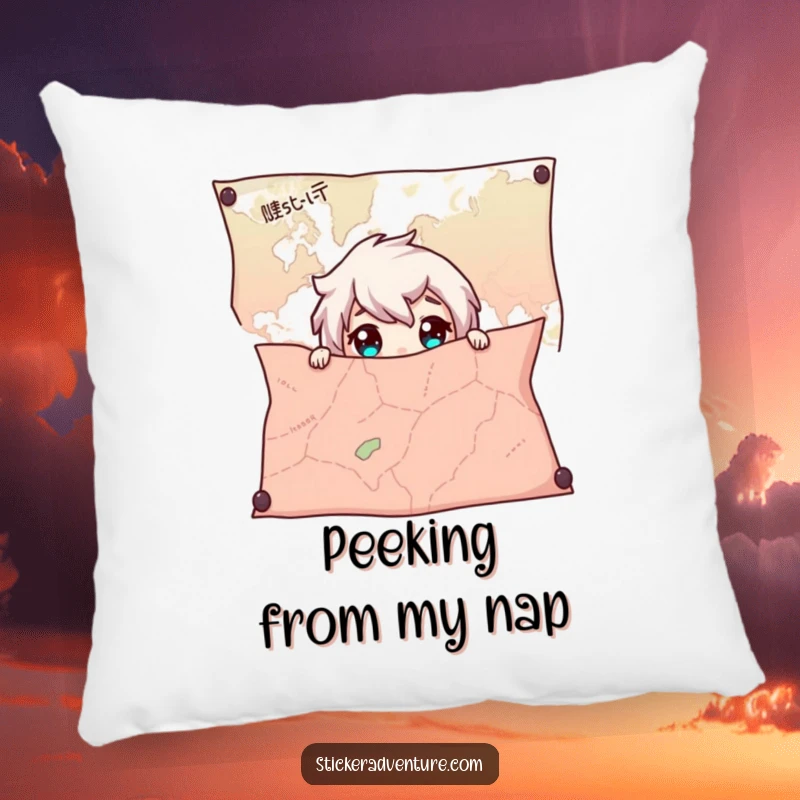 Funny Map Pillow, depicting a character hiding and peeking with wide eyes, offering cozy comfort and a sense of adventure.