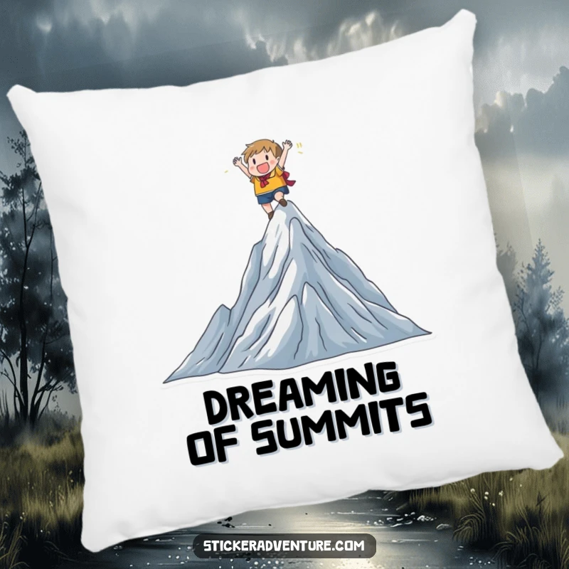 Funny character on a mountain peak, triumphant pose, soft and cuddly, perfect funny gift.