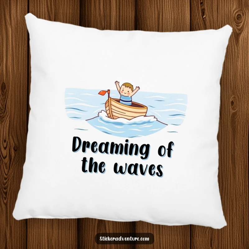 Funny pillow with a small, happy character waving from a small boat on a vast ocean, offering comfort and a touch of nautical humor.