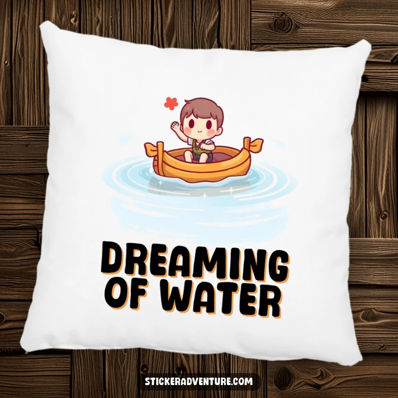 Funny pillow showing a character steering a raft on a serene lake, waving with a happy, relaxed expression. Cozy humor decor.