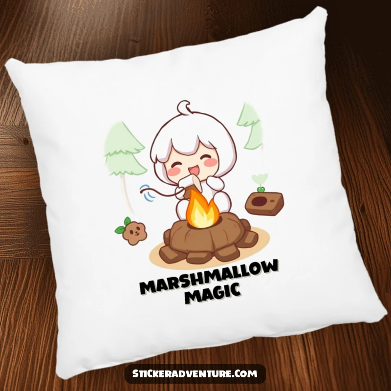 Funny pillow design of a character happily roasting a marshmallow over a small campfire, bringing cozy vibes indoors.
