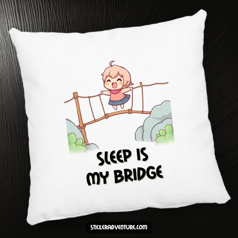 Funny pillow with a character gleefully crossing a wobbly rope bridge, offering comfort and a sense of adventure.