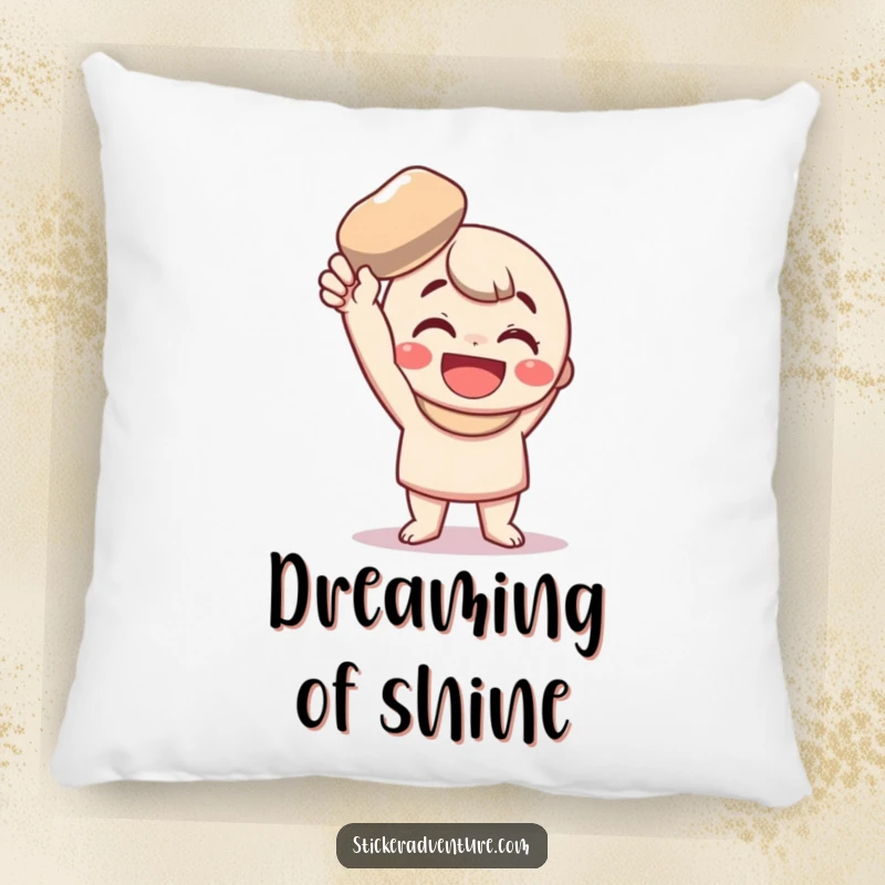 Funny Pillow: A character's happy face is paired with a shiny pebble, offering funny, plush comfort and cheer.