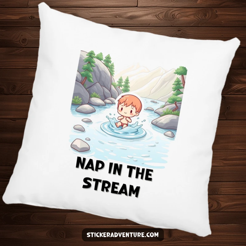 Funny pillow featuring a charming figure splashing playfully in a clear mountain stream, adding comfort and natural charm.