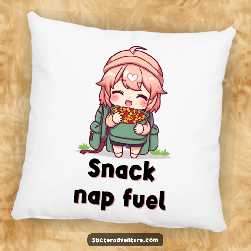 Funny pillow with a character delightedly sharing trail mix from a backpack, offering a piece, perfect for cozy spaces.
