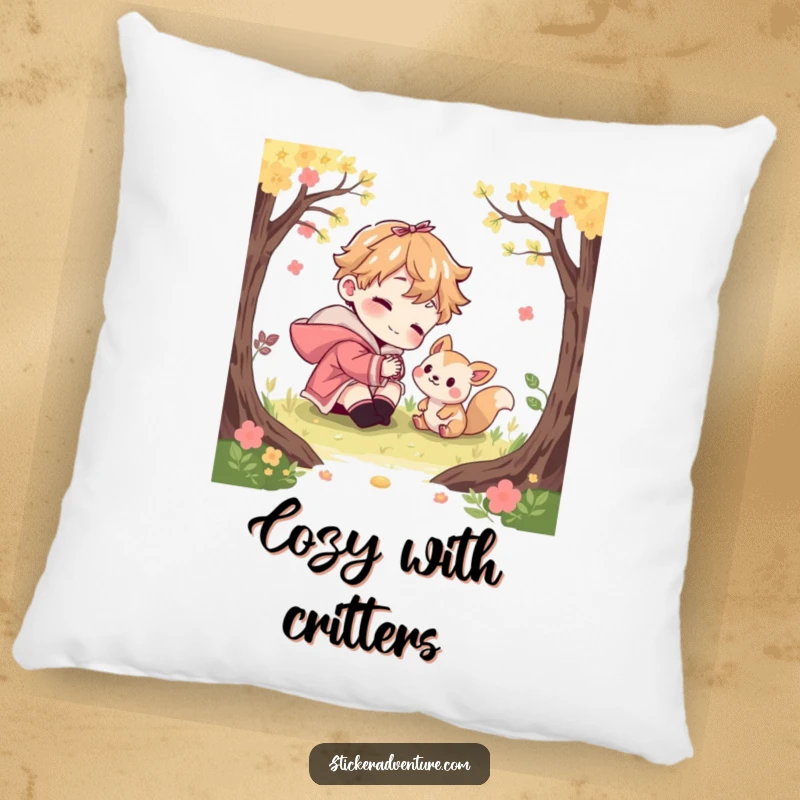 Funny pillow featuring a character playfully interacting with a curious woodland creature. Soft, cozy humor for any room.