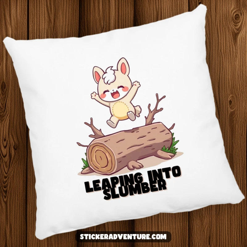 Funny Pillow: A character playfully leaps over a fallen log with a joyful expression, perfect for cozying up.