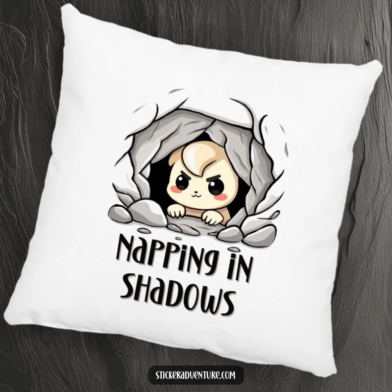 Funny cave explorer pillow, showing a playful character peering into a dark cave with a nervous grin, soft and amusing.