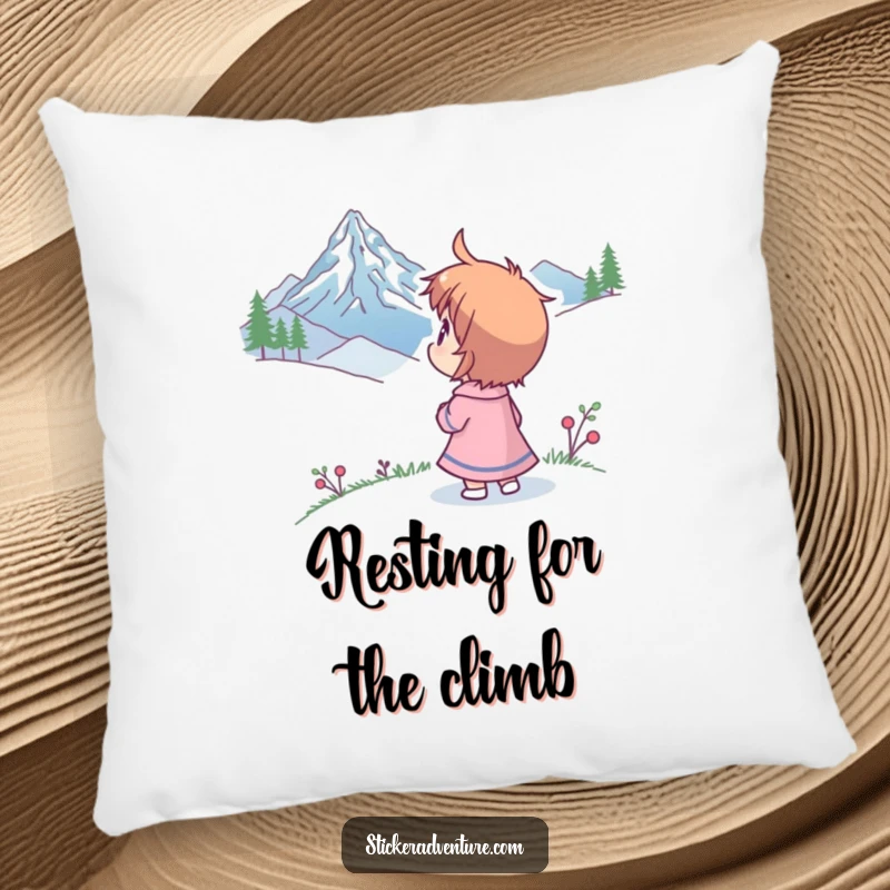 Funny pillow showcasing a character looking at a mountain peak with humorous wonder, offering comfort and inspiring dreams.