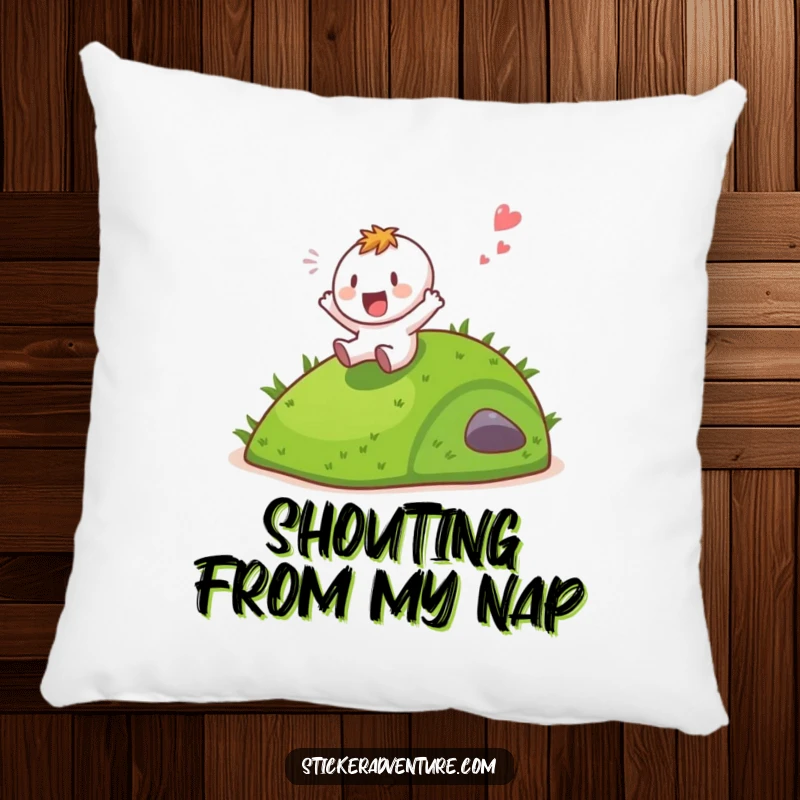 A soft pillow featuring a funny character sliding down a grassy hill with a gleeful shout, perfect for comfort and humor.