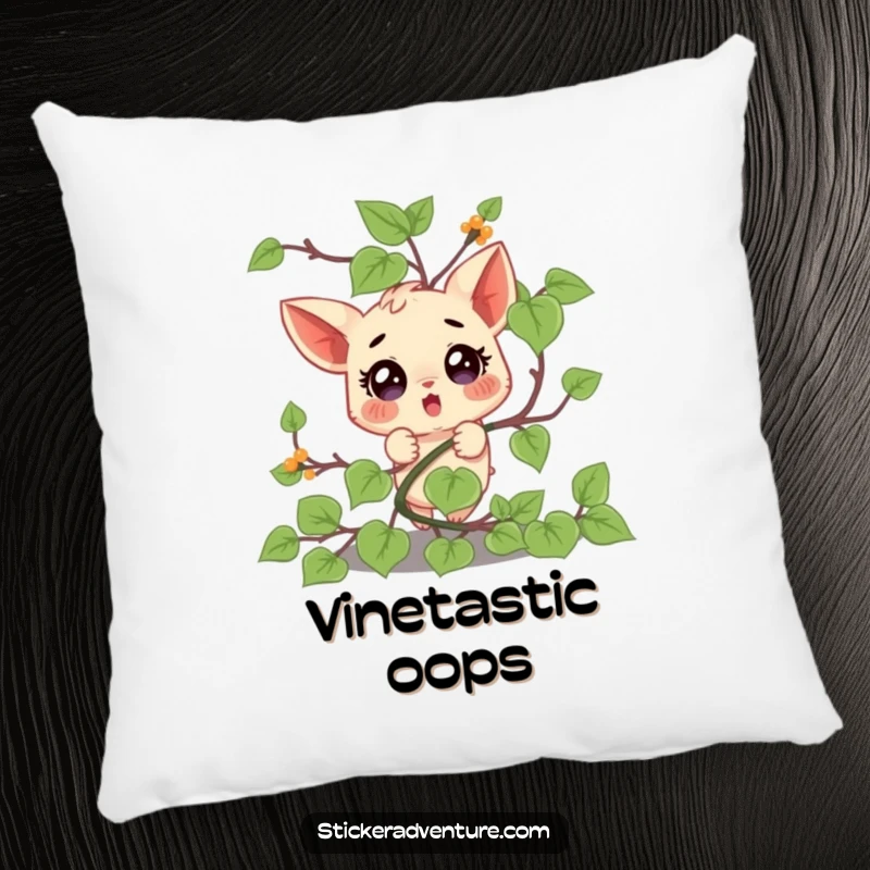 Funny pillow design featuring a small character comically caught in a vine, looking utterly surprised and slightly flustered.