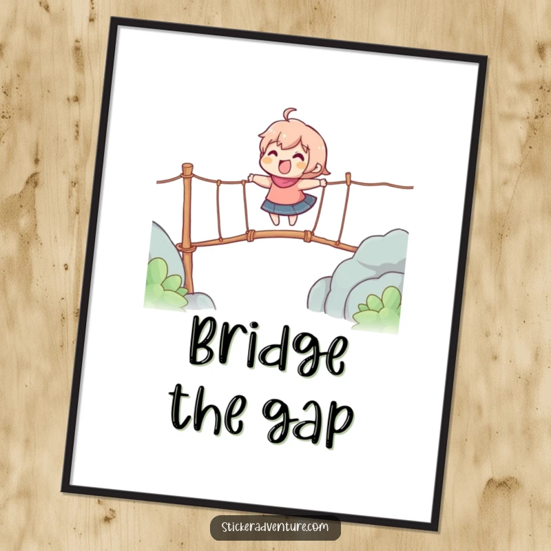 Funny digital art print of a character gleefully crossing a wobbly rope bridge, symbolizing excitement and a fun journey.