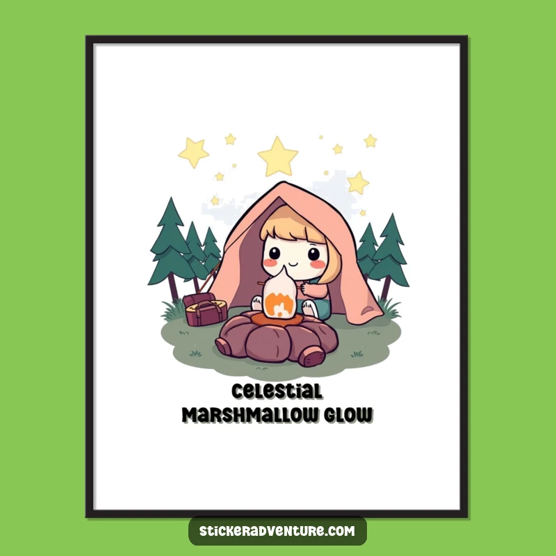 Funny Camping Marshmallow Digital Art: Starry Night Scene, Instant Download