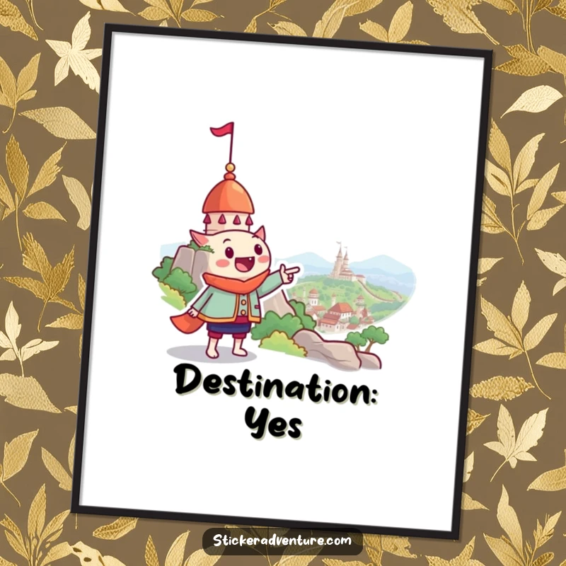 Funny digital art print of a character with a grin pointing towards a fantastical landmark, perfect for humorous and inspiring home decor.