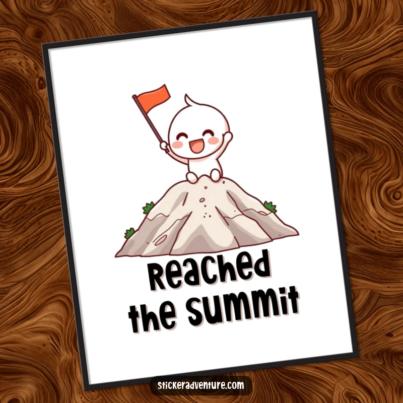 Digital Art Print: Funny excited character grins while planting a small flag on a mountaintop, symbolizing achievement.