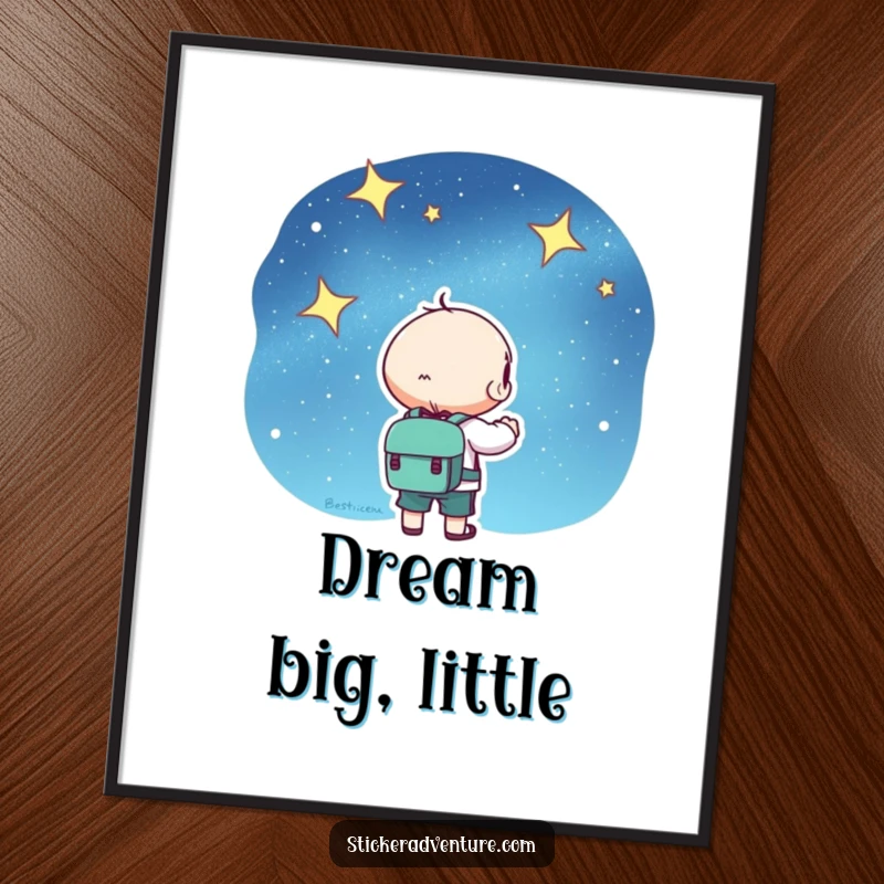 Kawaii digital art print of a cute character with a backpack, gazing at a mesmerizing starry sky, instantly downloadable for decor.