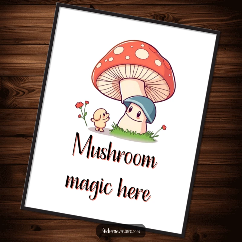 Funny digital art print of a whimsical character in deep admiration of a colossal, vibrantly colored, magical mushroom.