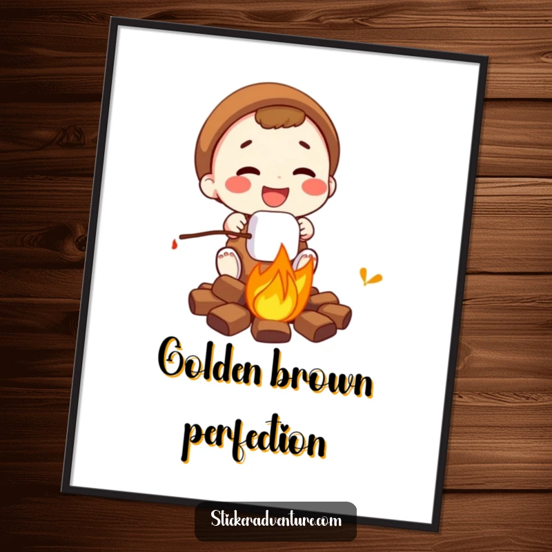 Funny campfire marshmallow digital art, a character happily toasting a marshmallow over a fire, high-resolution humorous artwork.