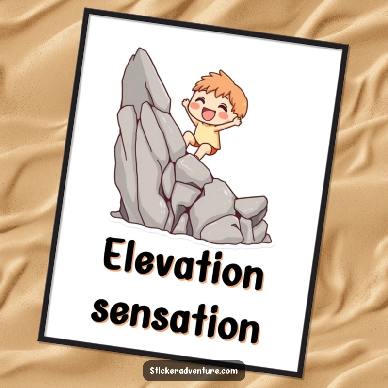 Funny digital art print of a cute character joyfully scaling a small rocky cliff, symbolizing achievement and happy effort.