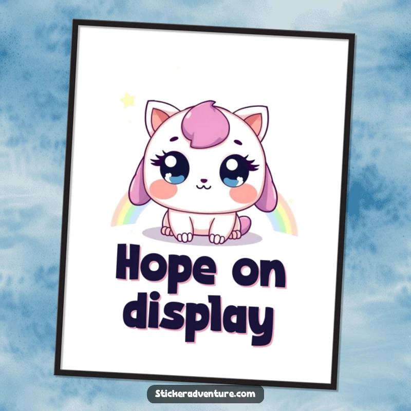 Funny digital art print of a sweet creature looking at a rainbow, symbolizing hope and wonder, ready to be framed.