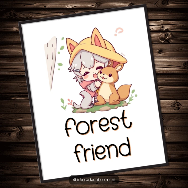Funny forest friends digital art print of a character playfully interacting with a friendly forest creature; instant humorous decor.