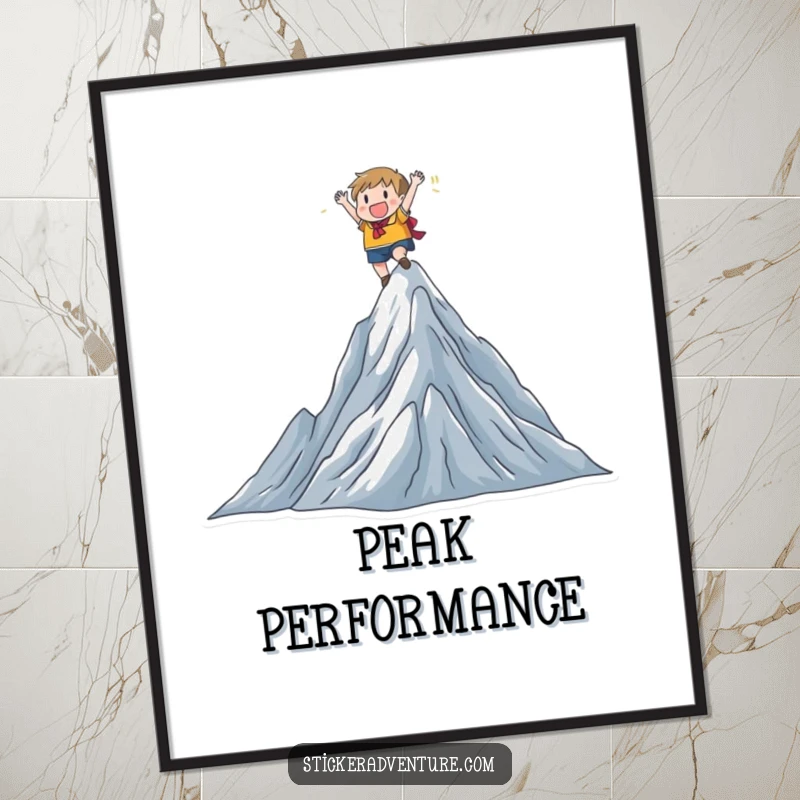 Funny character joyfully scaling a mountain peak, triumphant pose, instant download funny gift art.