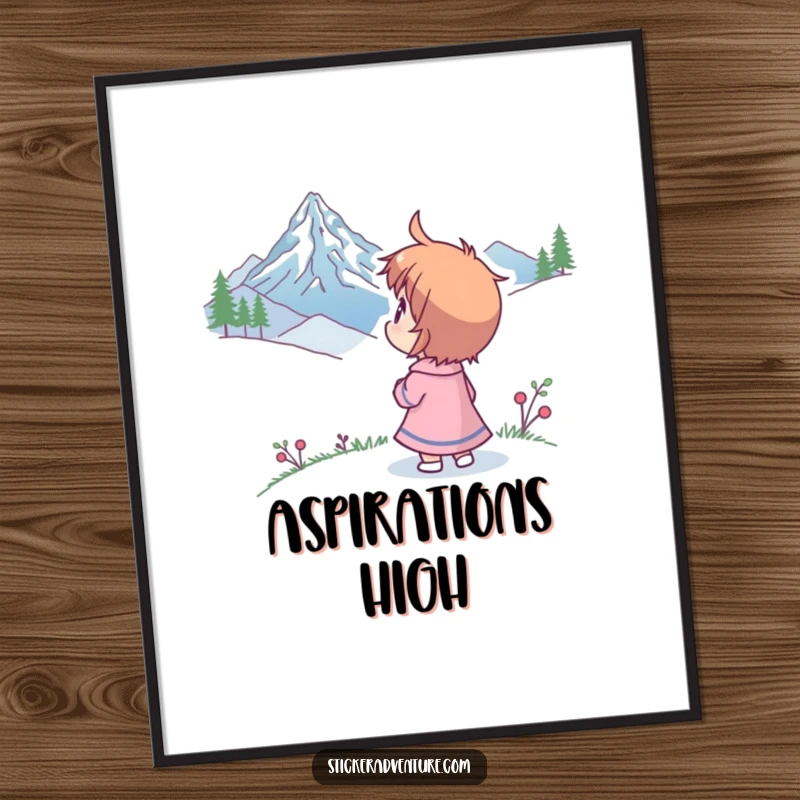 Funny digital art print of a character looking at a distant mountain peak with humorous wonder, evoking adventure and awe.