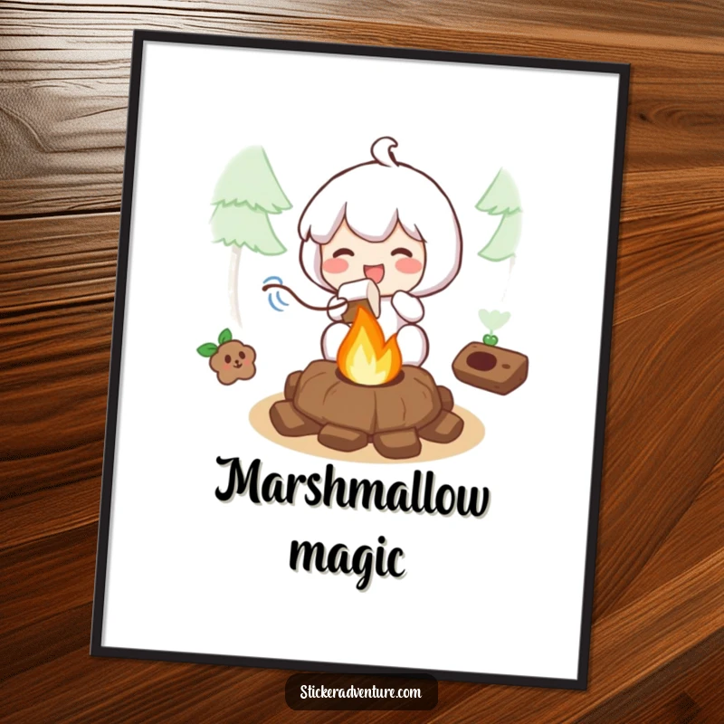 Funny digital art print of a character joyfully roasting a marshmallow over a small campfire, capturing a moment of bliss.