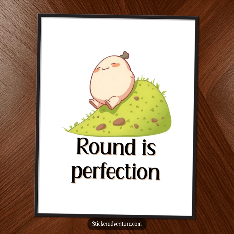 Funny rolling character digital art print, showing a plump character joyfully tumbling down a grassy hill, vibrant and cheerful.