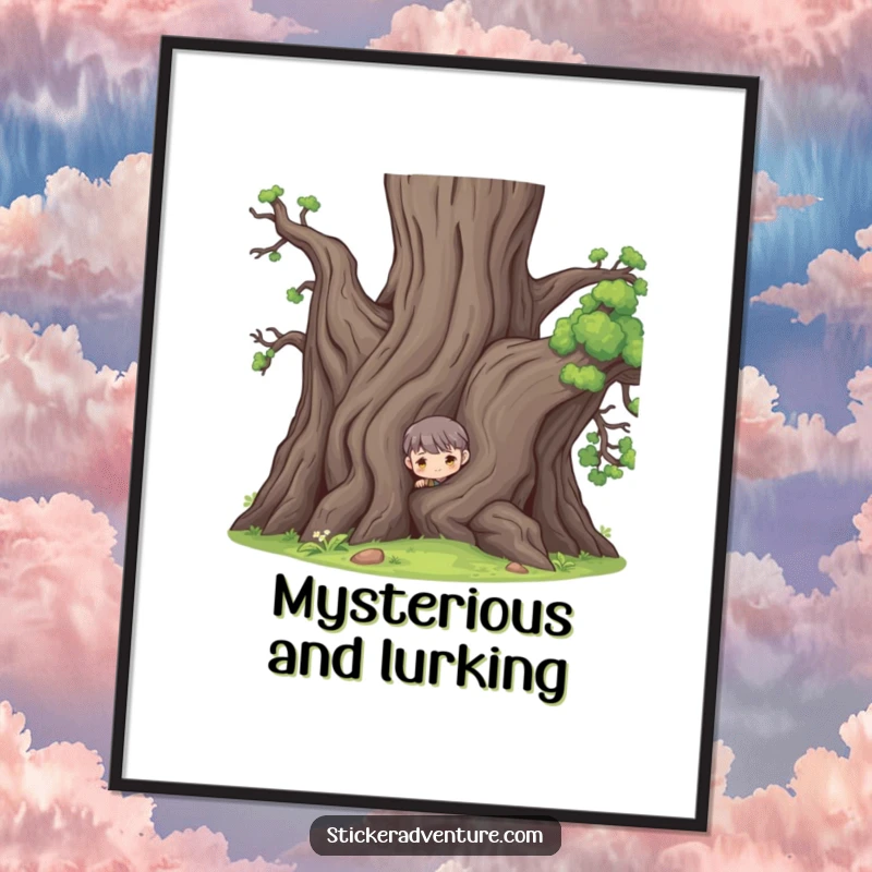 Funny digital art print of a character peeking from behind a large ancient tree, symbolizing curiosity and playful mystery.