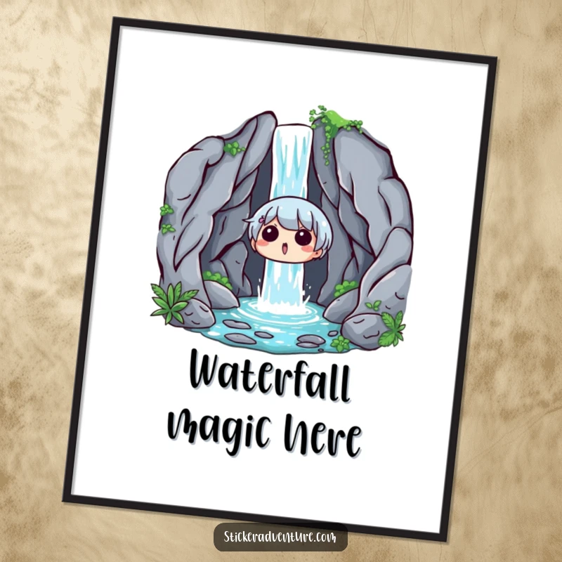Funny Waterfall Surprise Digital Art Print: A graphic of a character looking surprised and delighted by a hidden waterfall.