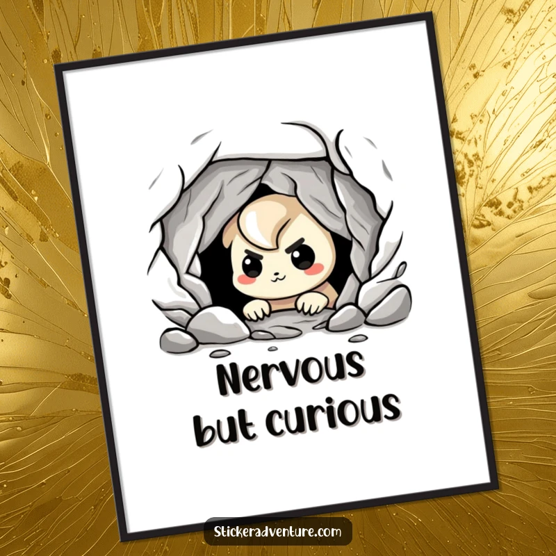 Funny cave explorer digital art print, showing a playful character peering into a dark cave with a nervous grin, mysterious and fun.