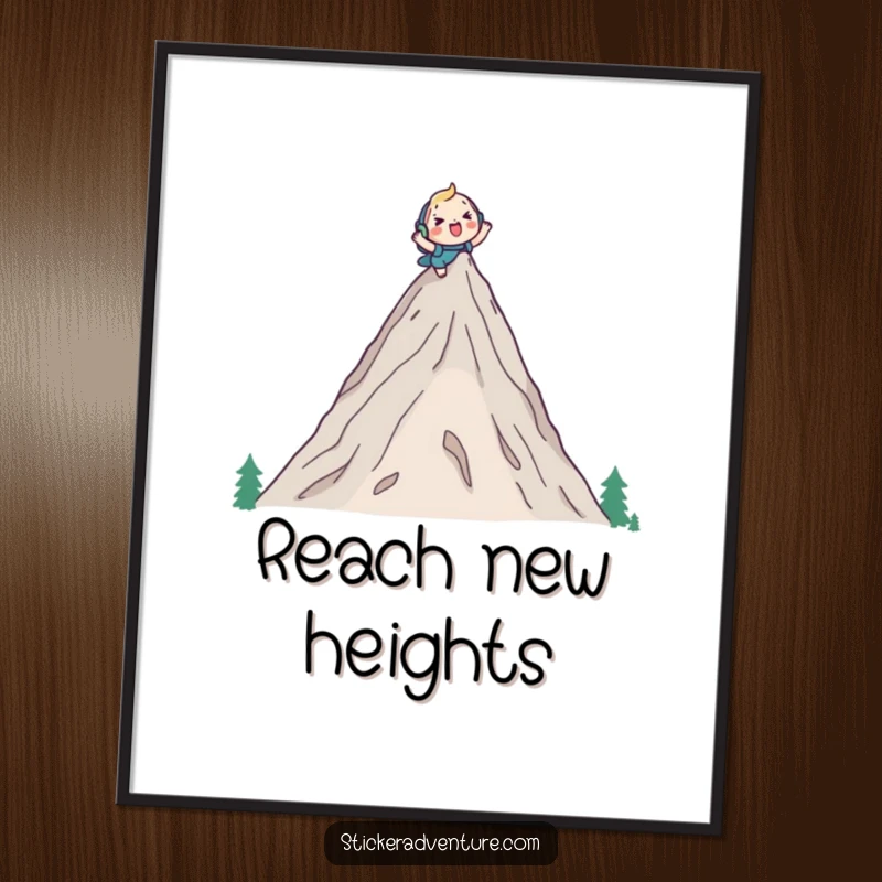 Funny digital art print of a cute character cheerfully climbing a tall mountain peak with a backpack, capturing a moment of triumphant humor.