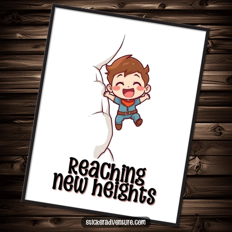 Funny Digital Art Print: Determined character smiling while enthusiastically scaling a vast cliff face, symbolizing ambition.