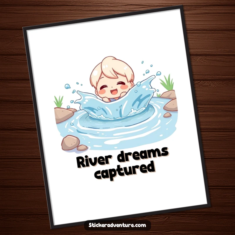 Funny Digital Art Print: Character joyfully splashing in a river, beaming with pure delight, a vibrant and humorous wall decoration.